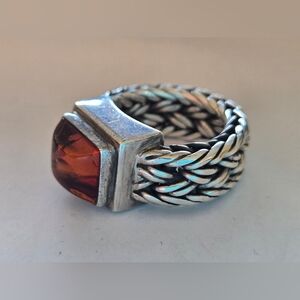 Lori Bonn 925 Sterling Silver Amber Ring | Designer Cable Band Statement Ring
